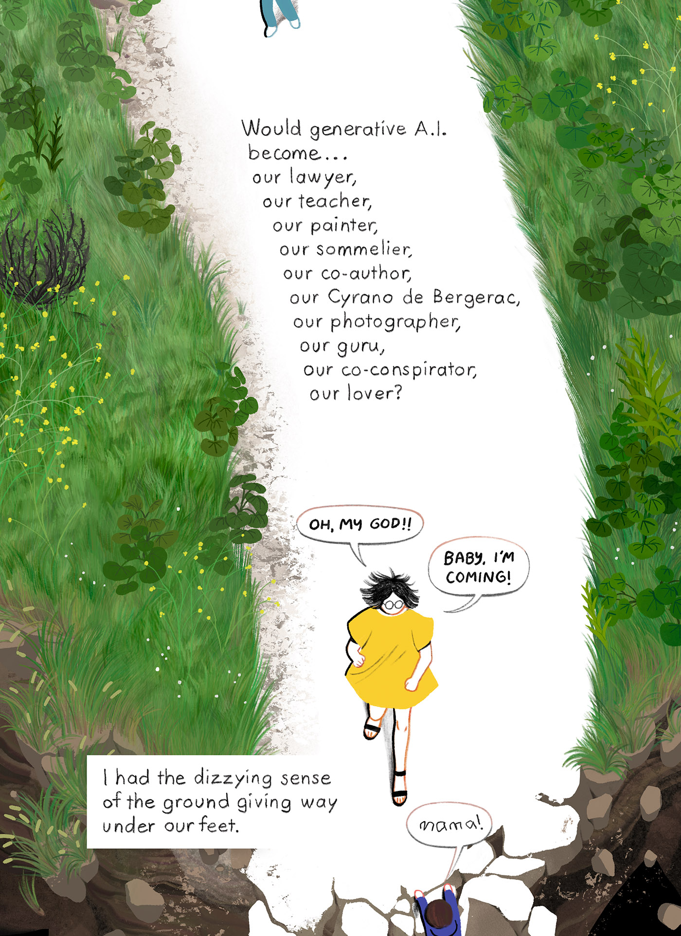 A mother rushing toward a child, who is hanging onto a cliff's edge.